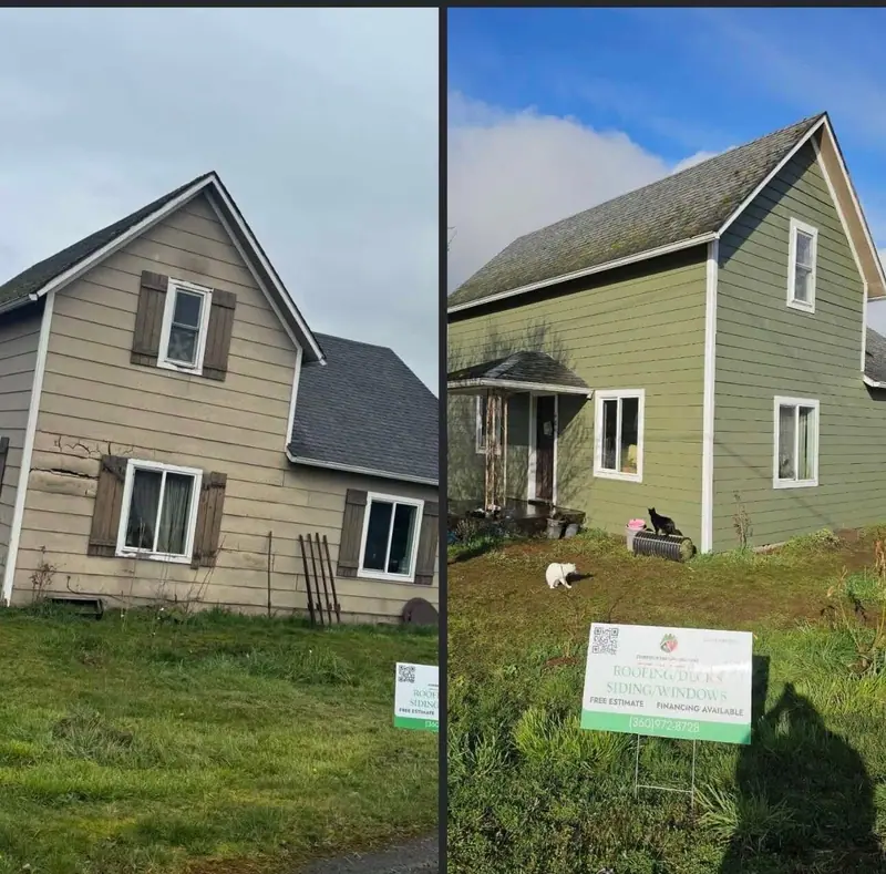 Before and after: an Evergreen re-siding project, tan siding replaced with green siding and white trim