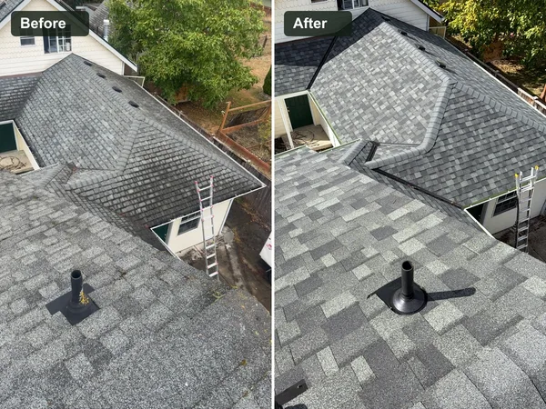 Before and after: a tan house re-sided in green with white trim