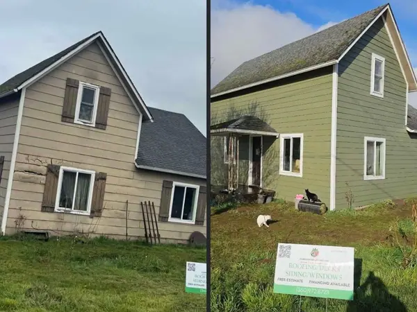 Before and after: a tan house re-sided in green with white trim